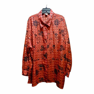 Notations Woman Floral Sheer Button Up Blouse Red 3X JC492